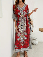 Floral Print V Neck Side Split Cover Up Dress, Batwing Sleeve Boho Maxi Beach Kaftan - Free Delivery Worldwide only