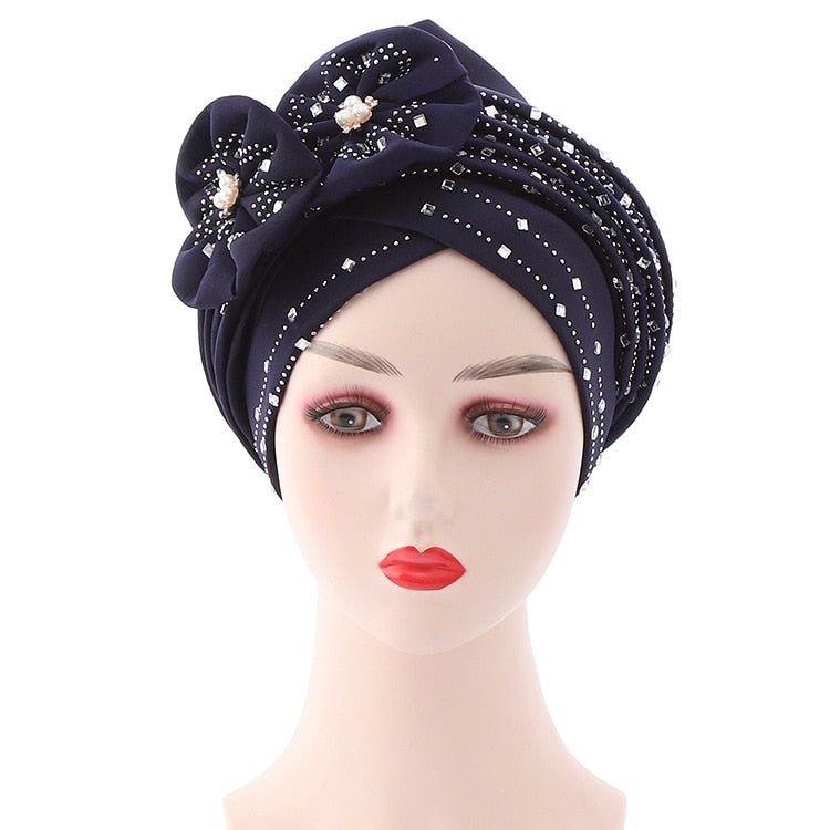 Flowers Sparkling Diamonds Bonnets for Women Already Made Auto Gele Hijab Aso Oke Headtie Scarf Headwraps Turban Hat for African - Flexi Africa - Flexi Africa offers Free Delivery Worldwide - Vibrant African traditional clothing showcasing bold prints and intricate designs