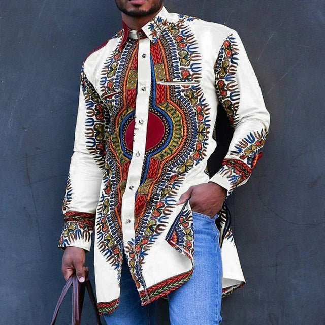 Get Traditional African Style with Long Dashiki Sleeves Polyester Printing Shirt for Men - Free Delivery Worldwide