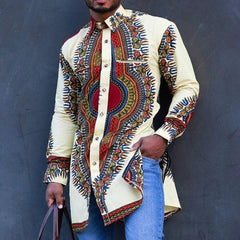 Get Traditional African Style with Long Dashiki Sleeves Polyester Printing Shirt for Men - Free Delivery Worldwide