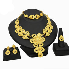 Gold-Plated Jewelry Set: Exquisite 24K Gold-Colored Necklace and Earrings for African Bridal Wear at Nigerian Wedding