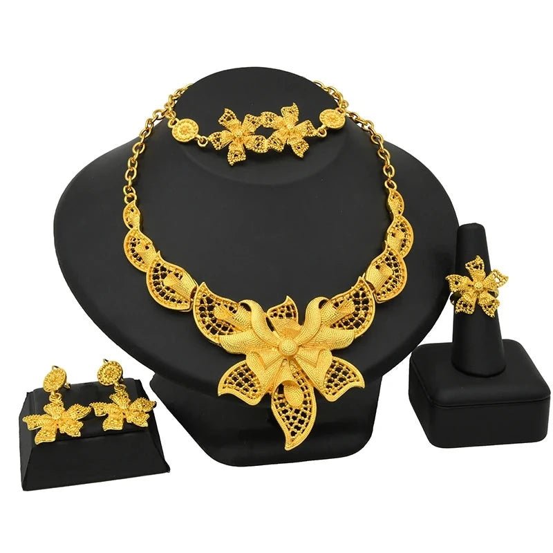 Gold-Plated Jewelry Set: Exquisite 24K Gold-Colored Necklace and Earrings for African Bridal Wear at Nigerian Wedding