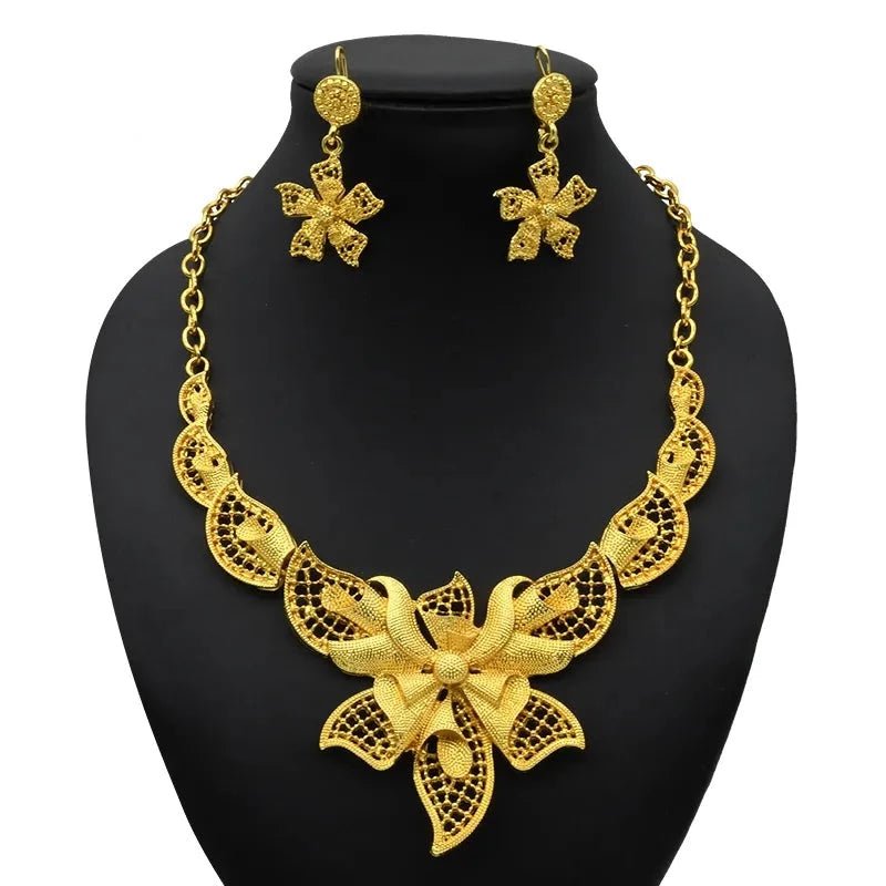 Gold-Plated Jewelry Set: Exquisite 24K Gold-Colored Necklace and Earrings for African Bridal Wear at Nigerian Wedding - Flexi Africa - Flexi Africa offers Free Delivery Worldwide - Vibrant African traditional clothing showcasing bold prints and intricate designs