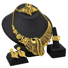 Gold-Plated Jewelry Set: Exquisite 24K Gold-Colored Necklace and Earrings for African Bridal Wear at Nigerian Wedding