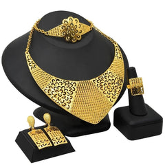 Gold-Plated Jewelry Set: Exquisite 24K Gold-Colored Necklace and Earrings for African Bridal Wear at Nigerian Wedding