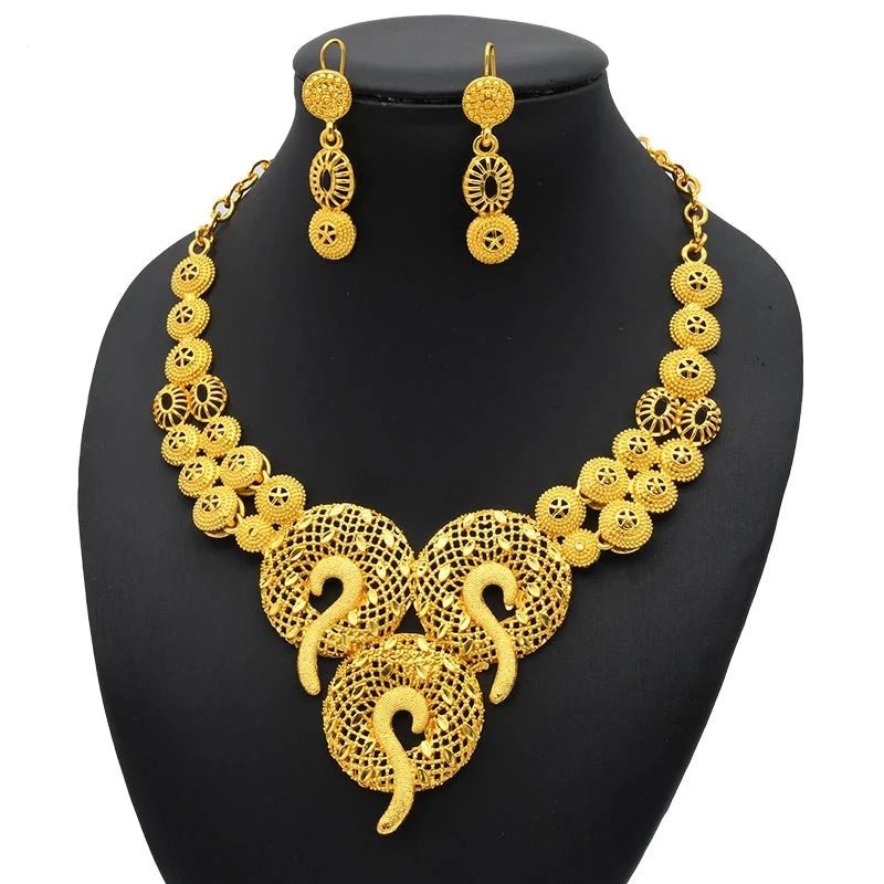 Gold-Plated Jewelry Set: Exquisite 24K Gold-Colored Necklace and Earrings for African Bridal Wear at Nigerian Wedding