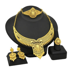 Gold-Plated Jewelry Set: Exquisite 24K Gold-Colored Necklace and Earrings for African Bridal Wear at Nigerian Wedding