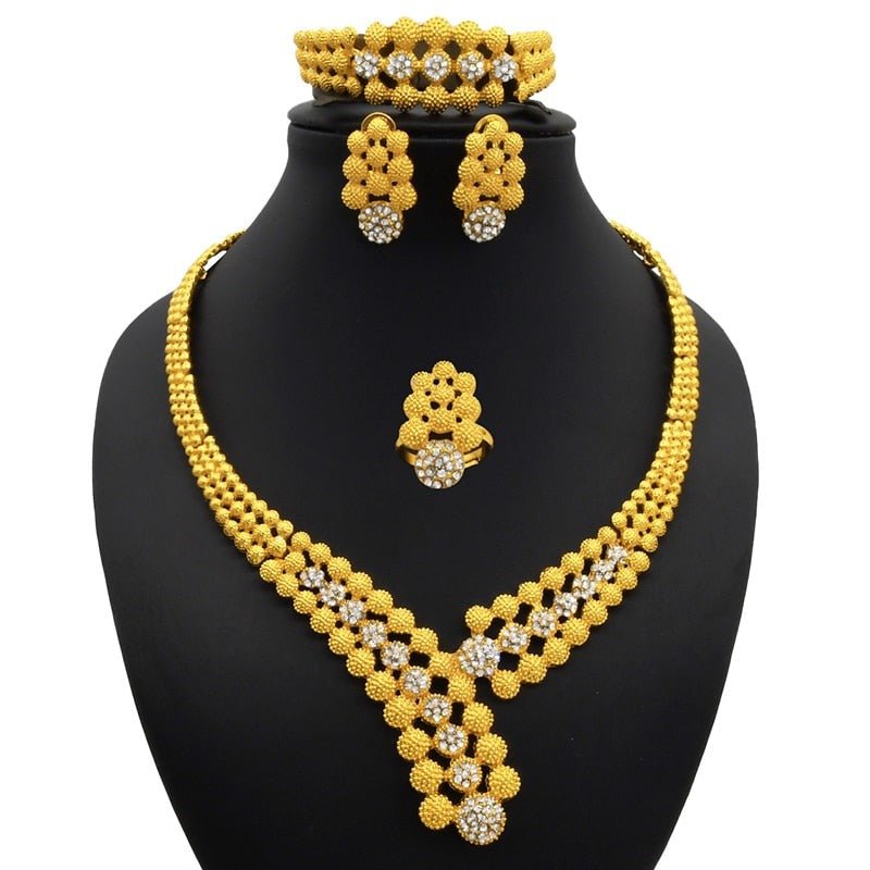 Gold Plated Wedding Jewelry Set - Complete African Chokers Necklace, Earrings, and Rings Fashion Bridal Jewellery Set