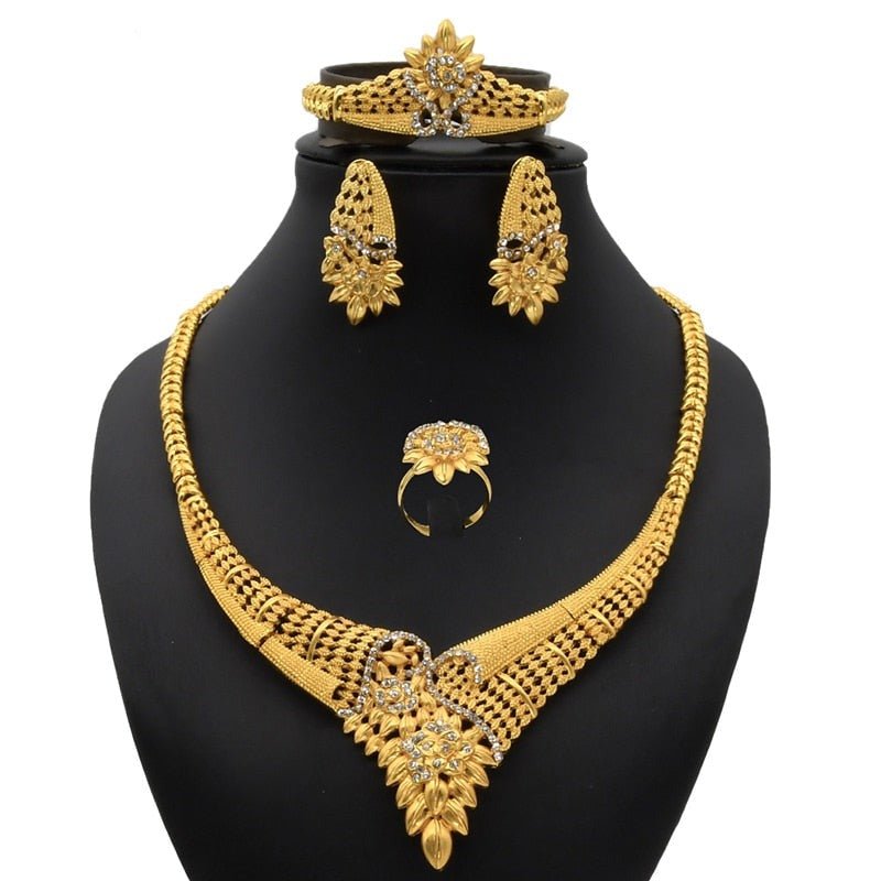 Gold Plated Wedding Jewelry Set - Complete African Chokers Necklace, Earrings, and Rings Fashion Bridal Jewellery Set