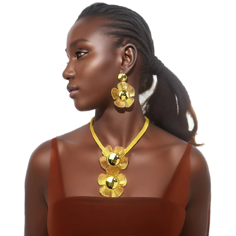 Golden Big Flower Jewelry Set: Pendant Necklace and Drop Earrings - Flexi Africa Free Delivery Worldwide www.flexiafrica.com