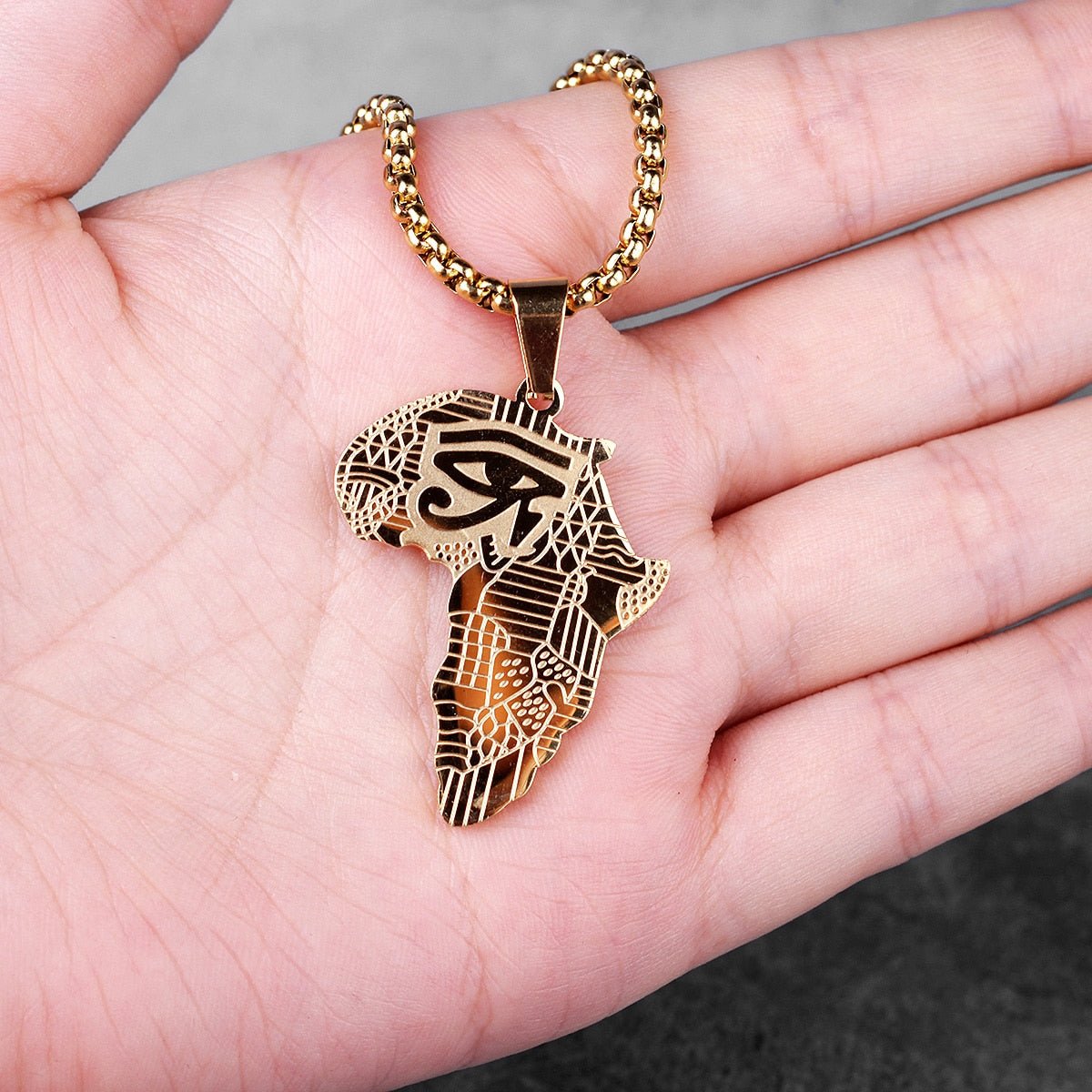 Golden Safari: Bold Africa Map Necklace for Men Stainless Steel Pendant Chain - Flexi Africa - Flexi Africa offers Free Delivery Worldwide - Vibrant African traditional clothing showcasing bold prints and intricate designs
