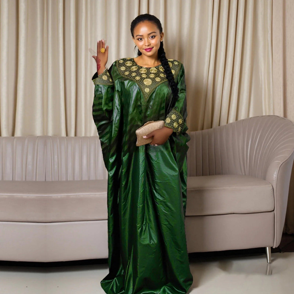 Green Luxury African Abaya – Embroidered Plus Size Dress for Elegant Occasions - Free Delivery Worldwide only at Flexi Africa