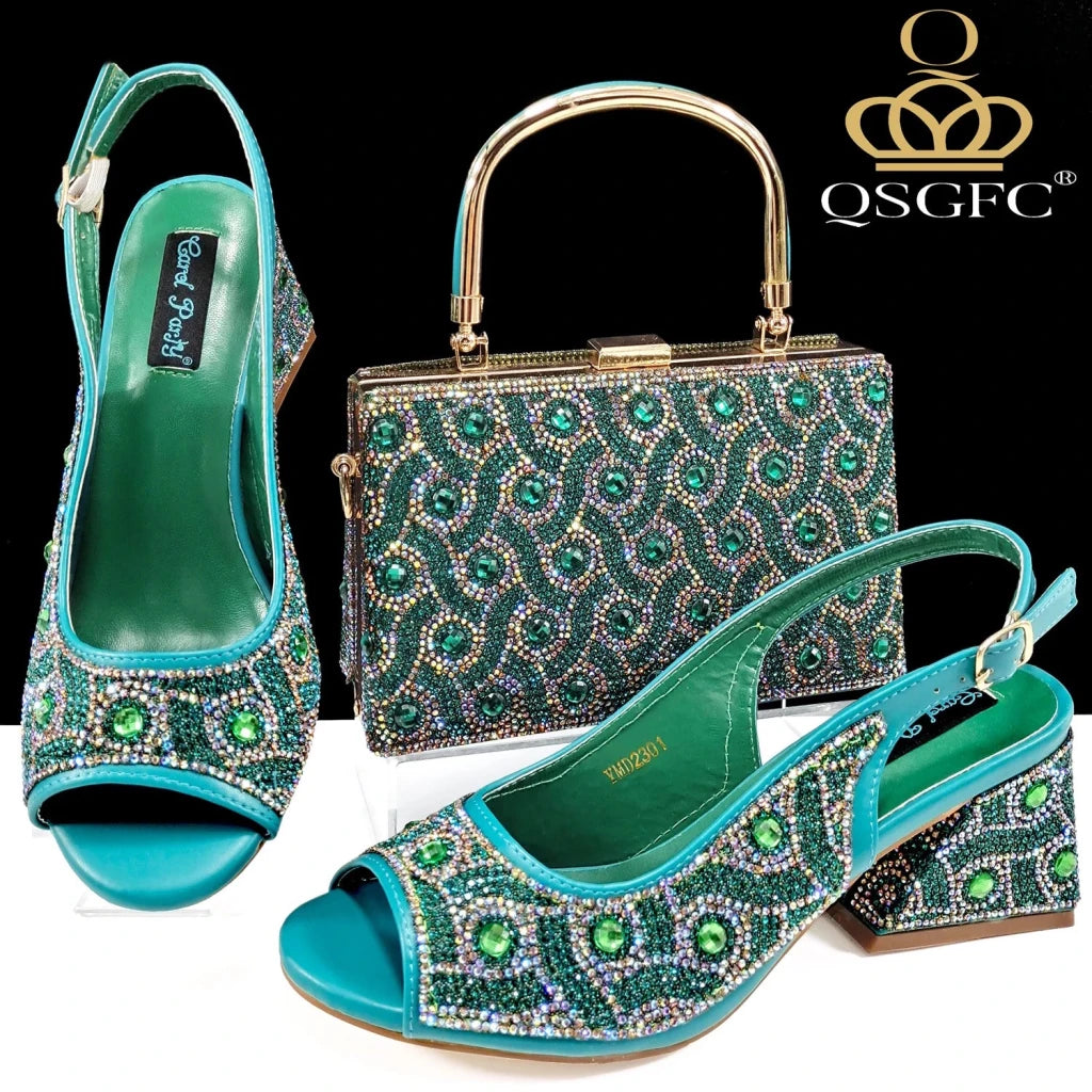 Green Rhinestone African Shoes and Matching Bag Set – Open Toe Comfortable Women’s Heels for Weddings & Parties - Free Delivery Worldwide only at Flexi Africa
