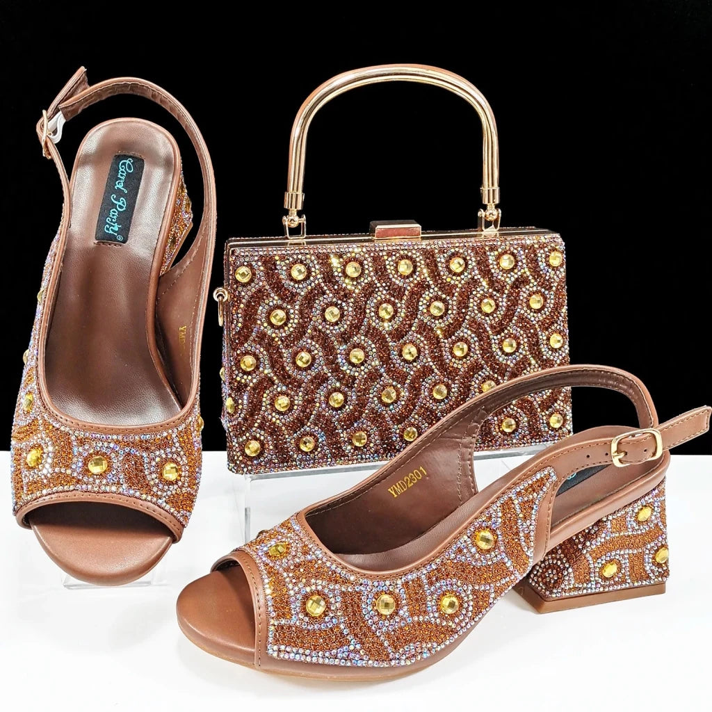 Green Rhinestone African Shoes and Matching Bag Set – Open Toe Comfortable Women’s Heels for Weddings & Parties - Free Delivery Worldwide only at Flexi Africa