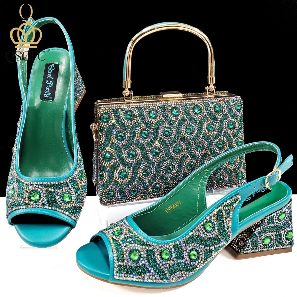 Green Rhinestone African Shoes and Matching Bag Set – Open Toe Comfortable Women’s Heels for Weddings & Parties - Free Delivery Worldwide only at Flexi Africa