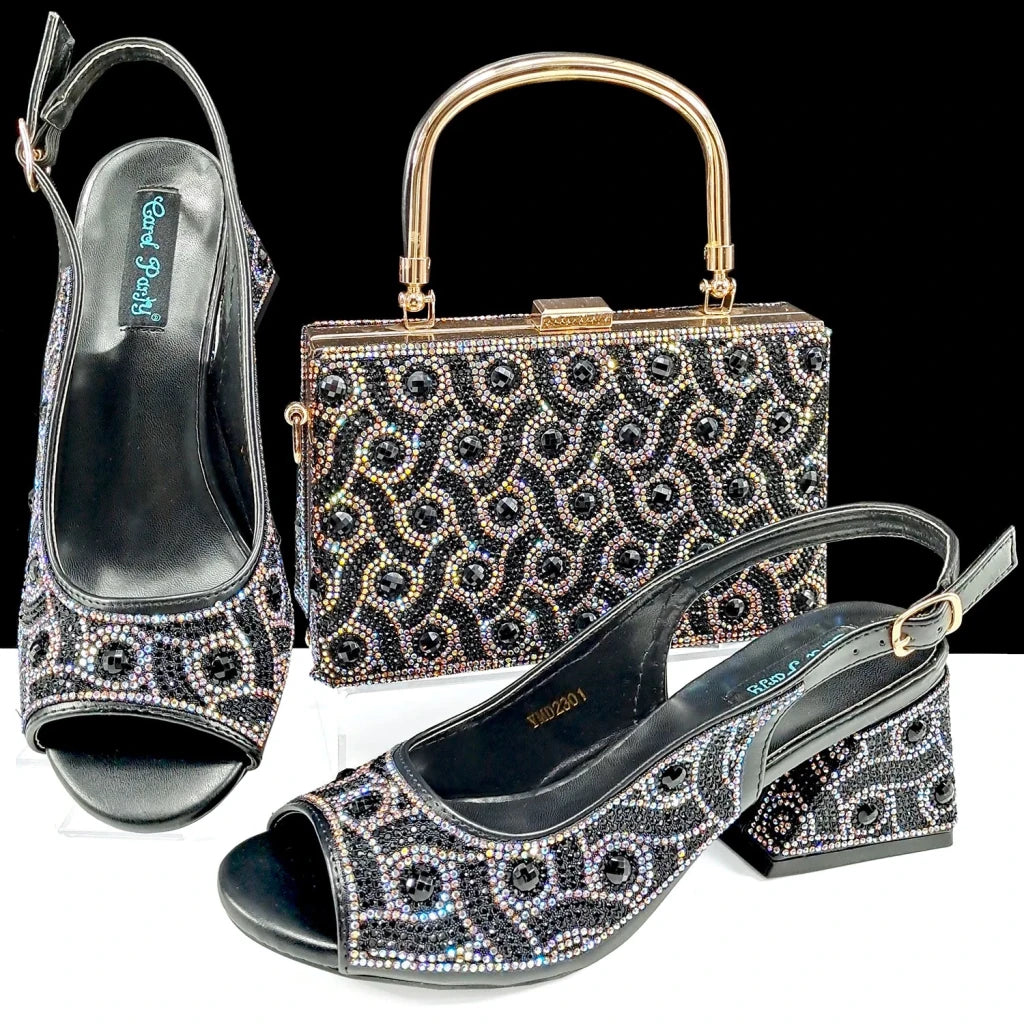 Green Rhinestone African Shoes and Matching Bag Set – Open Toe Comfortable Women’s Heels for Weddings & Parties - Free Delivery Worldwide only at Flexi Africa