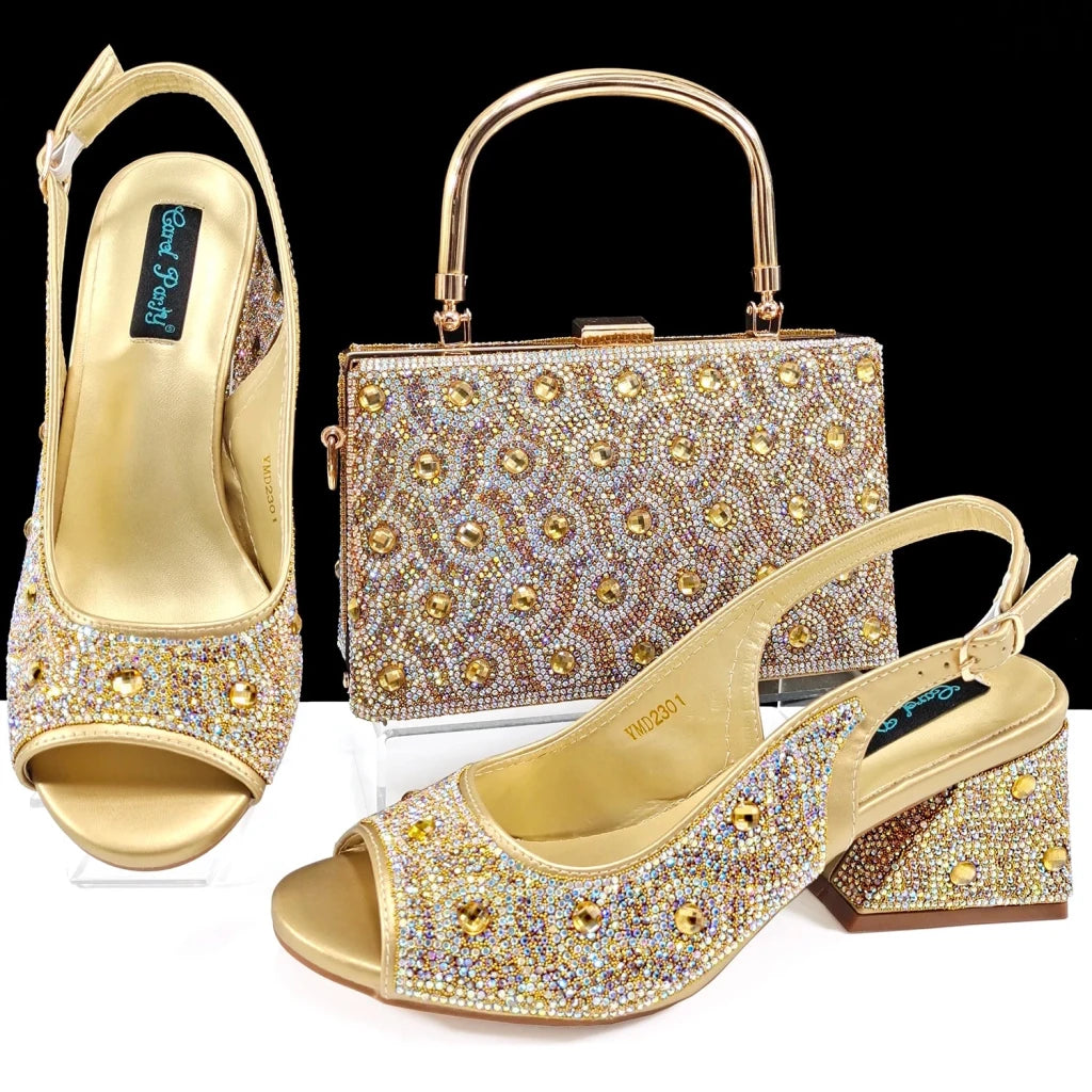 Green Rhinestone African Shoes and Matching Bag Set – Open Toe Comfortable Women’s Heels for Weddings & Parties - Free Delivery Worldwide only at Flexi Africa