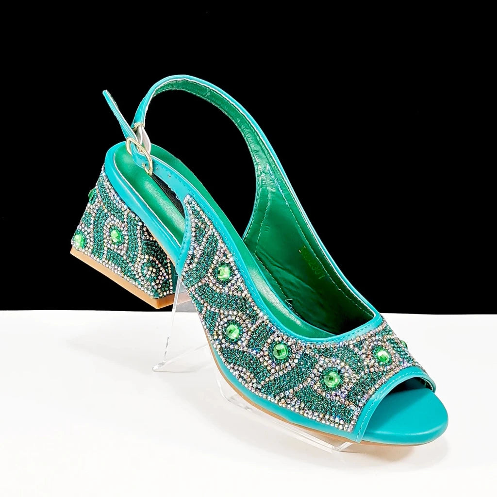 Green Rhinestone African Shoes and Matching Bag Set – Open Toe Comfortable Women’s Heels for Weddings & Parties - Free Delivery Worldwide only at Flexi Africa