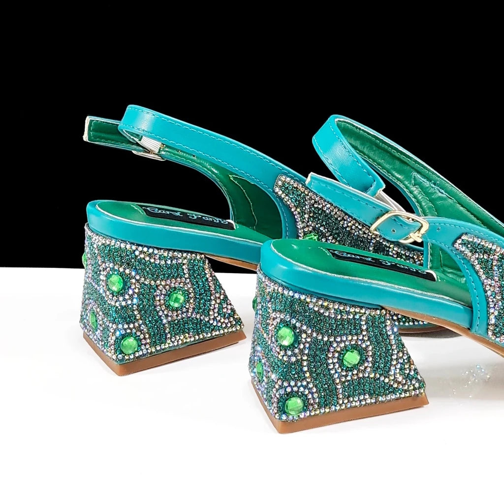 Green Rhinestone African Shoes and Matching Bag Set – Open Toe Comfortable Women’s Heels for Weddings & Parties - Free Delivery Worldwide only at Flexi Africa