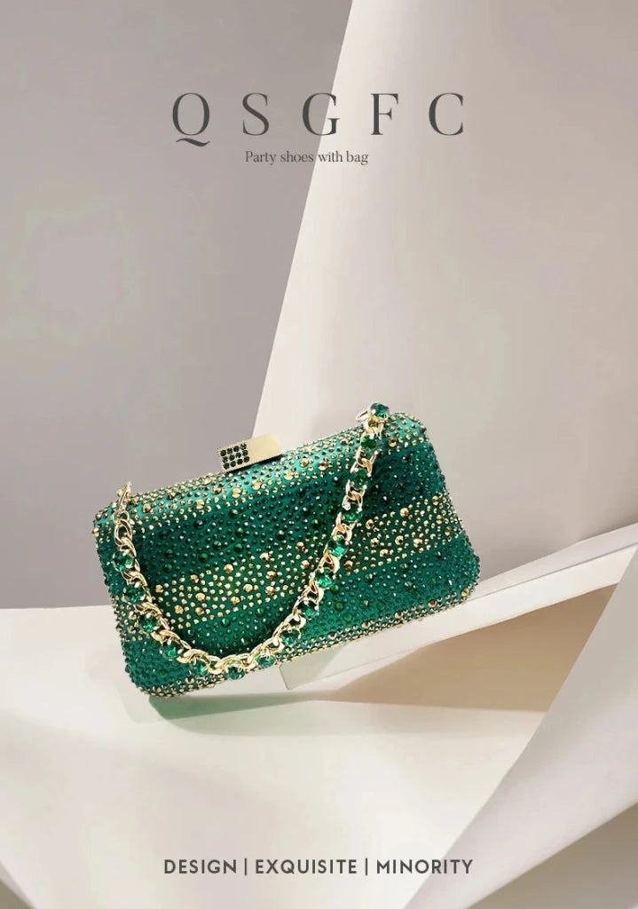 Green Rhinestone Women’s Shoes and Bag Set – Luxury Nigerian Wedding Party Heels with Matching Handbag - Free Delivery