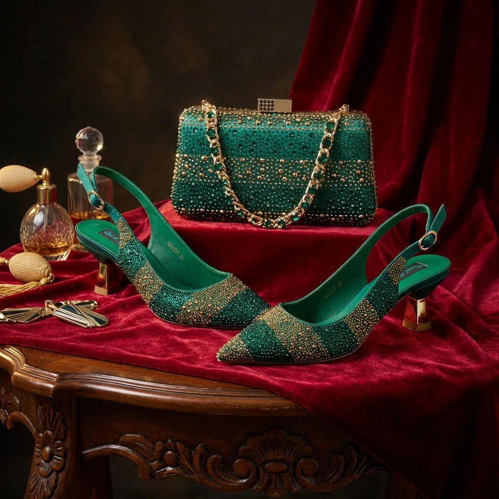 Green Rhinestone Women’s Shoes and Bag Set – Luxury Nigerian Wedding Party Heels with Matching Handbag - Free Delivery