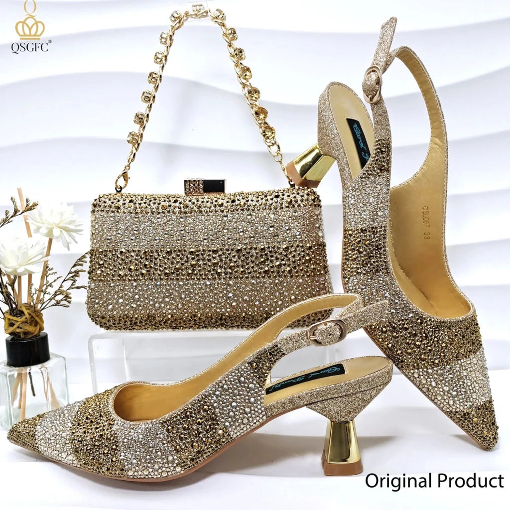 Green Rhinestone Women’s Shoes and Bag Set – Luxury Nigerian Wedding Party Heels with Matching Handbag - Free Delivery