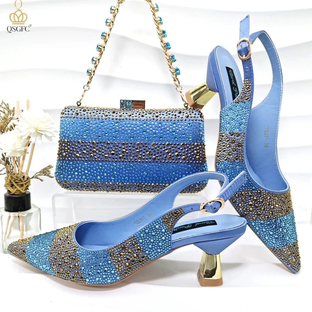 Green Rhinestone Women’s Shoes and Bag Set – Luxury Nigerian Wedding Party Heels with Matching Handbag - Free Delivery