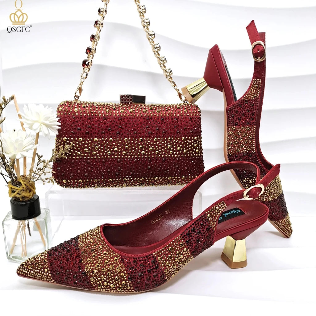 Green Rhinestone Women’s Shoes and Bag Set – Luxury Nigerian Wedding Party Heels with Matching Handbag - Free Delivery