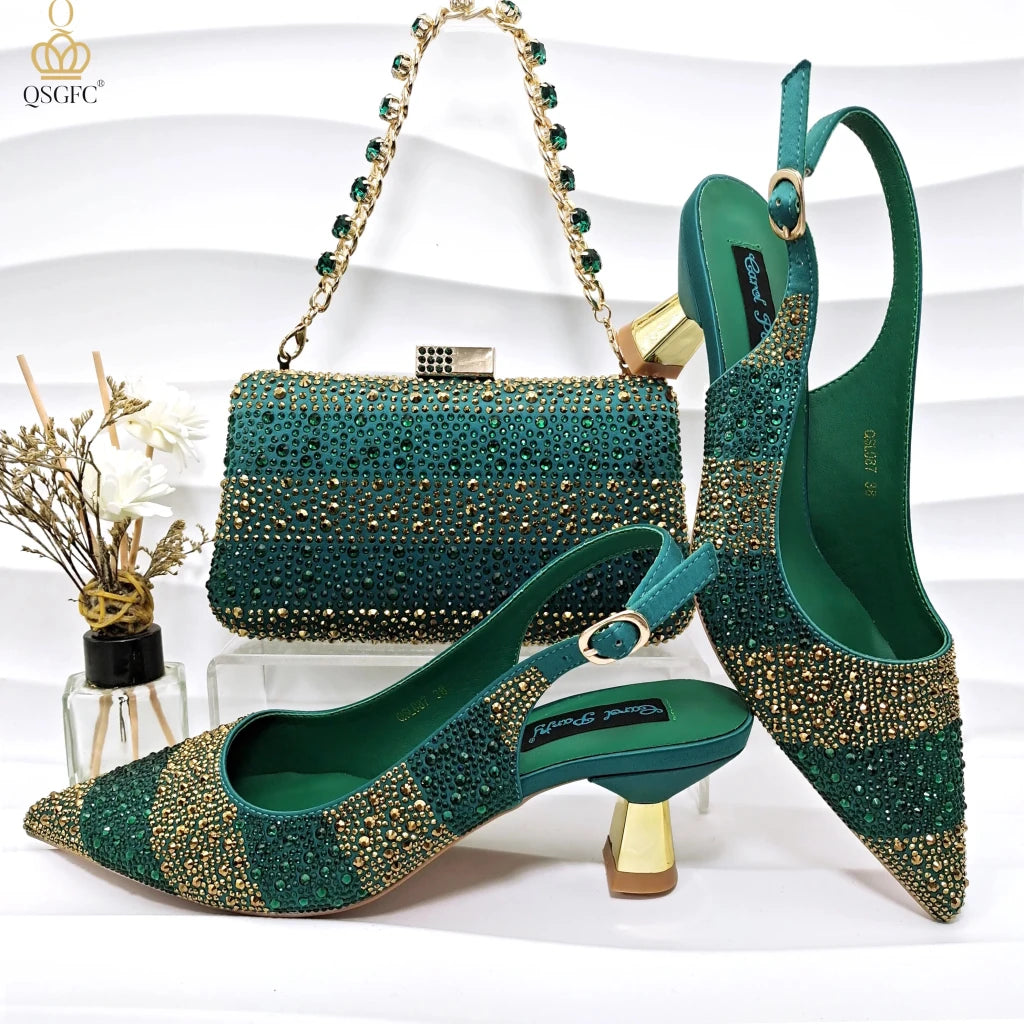 Green Rhinestone Women’s Shoes and Bag Set – Luxury Nigerian Wedding Party Heels with Matching Handbag - Free Delivery