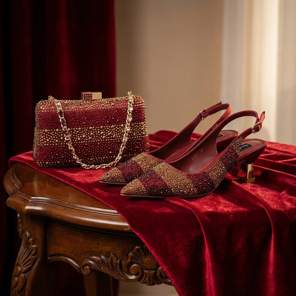 Green Rhinestone Women’s Shoes and Bag Set – Luxury Nigerian Wedding Party Heels with Matching Handbag - Free Delivery
