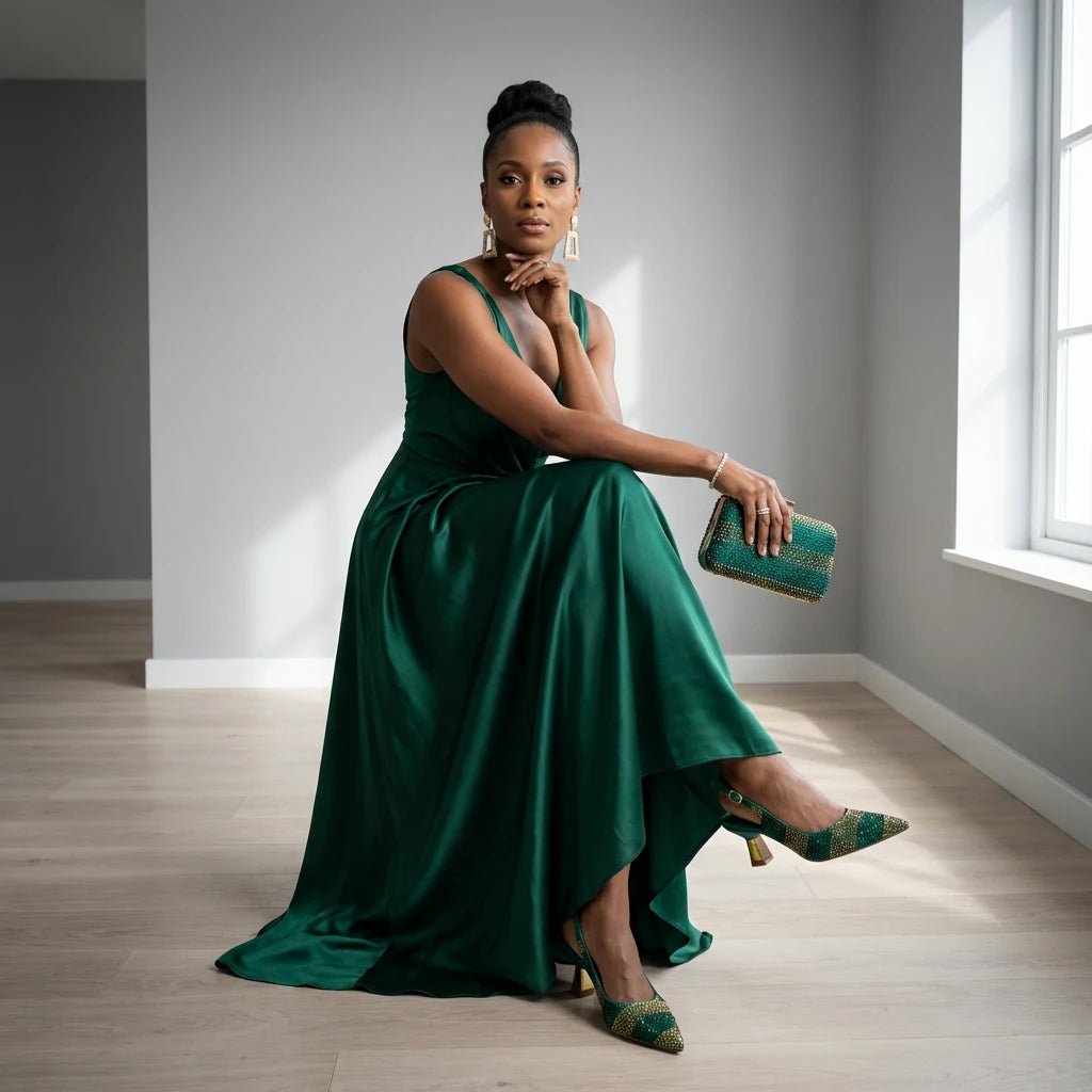 Green Rhinestone Women’s Shoes and Bag Set – Luxury Nigerian Wedding Party Heels with Matching Handbag - Free Delivery
