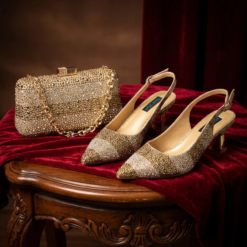 Green Rhinestone Women’s Shoes and Bag Set – Luxury Nigerian Wedding Party Heels with Matching Handbag - Free Delivery