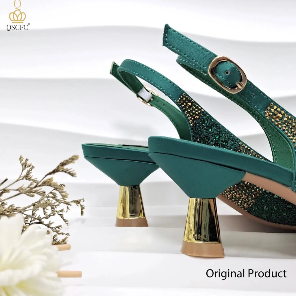 Green Rhinestone Women’s Shoes and Bag Set – Luxury Nigerian Wedding Party Heels with Matching Handbag - Free Delivery