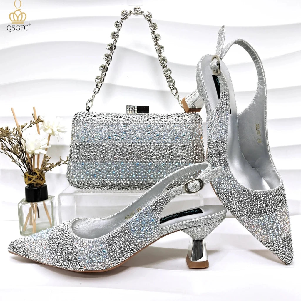 Green Rhinestone Women’s Shoes and Bag Set – Luxury Nigerian Wedding Party Heels with Matching Handbag - Free Delivery