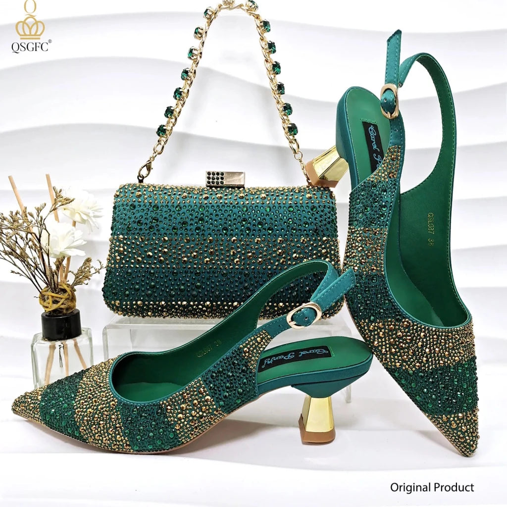 Green Rhinestone Women’s Shoes and Bag Set – Luxury Nigerian Wedding Party Heels with Matching Handbag - Free Delivery