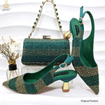 Green Rhinestone Women’s Shoes and Bag Set – Luxury Nigerian Wedding Party Heels with Matching Handbag - Free Delivery
