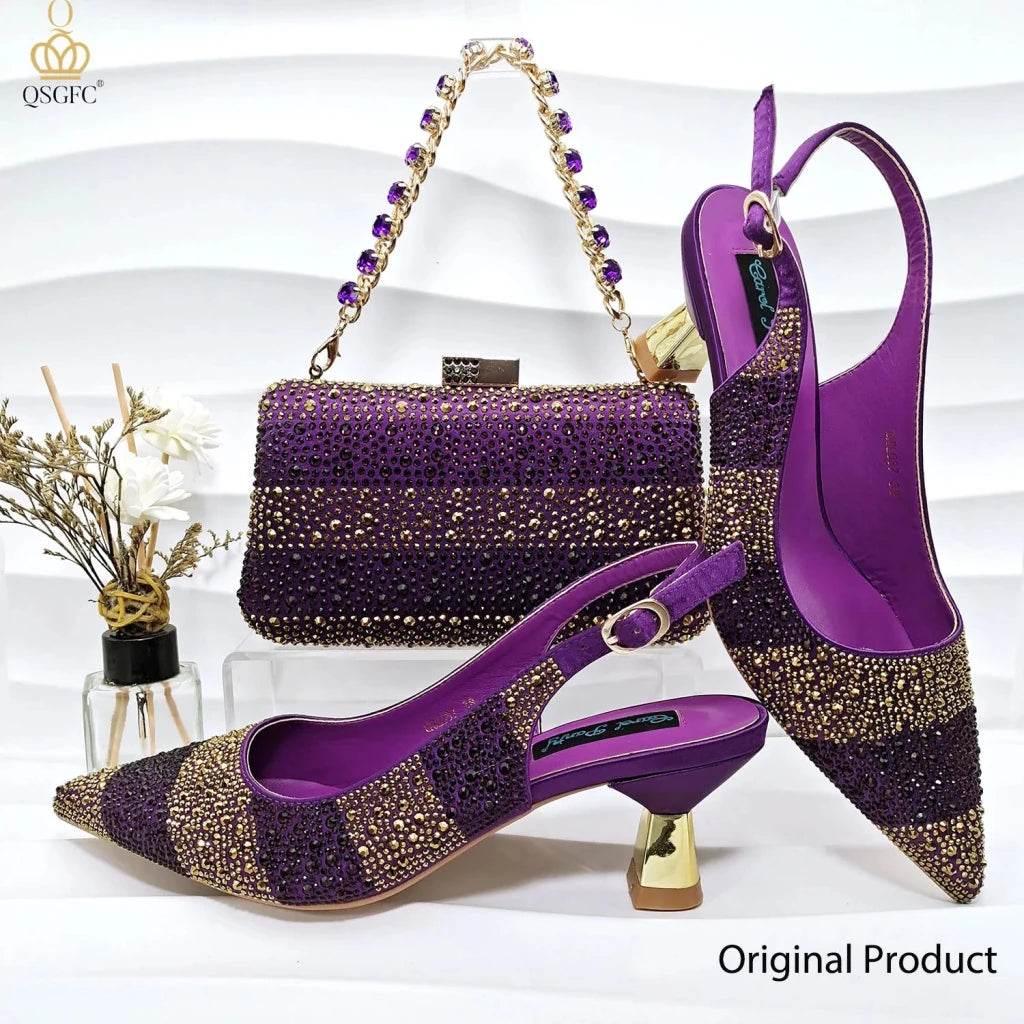 Green Rhinestone Women’s Shoes and Bag Set – Luxury Nigerian Wedding Party Heels with Matching Handbag - Free Delivery