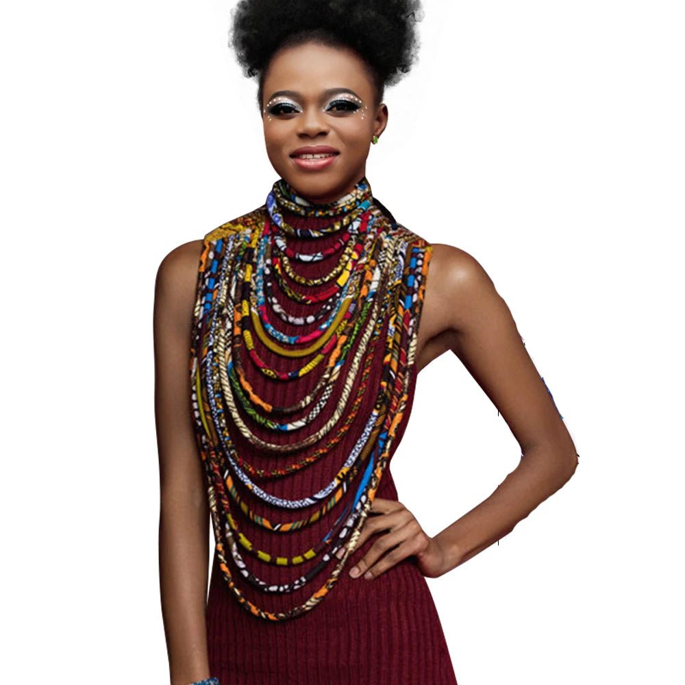 Handmade African Multi-Layered Rope Necklace Set: Statement Choker with Matching Headscarf and Bracelets - Flexi Africa