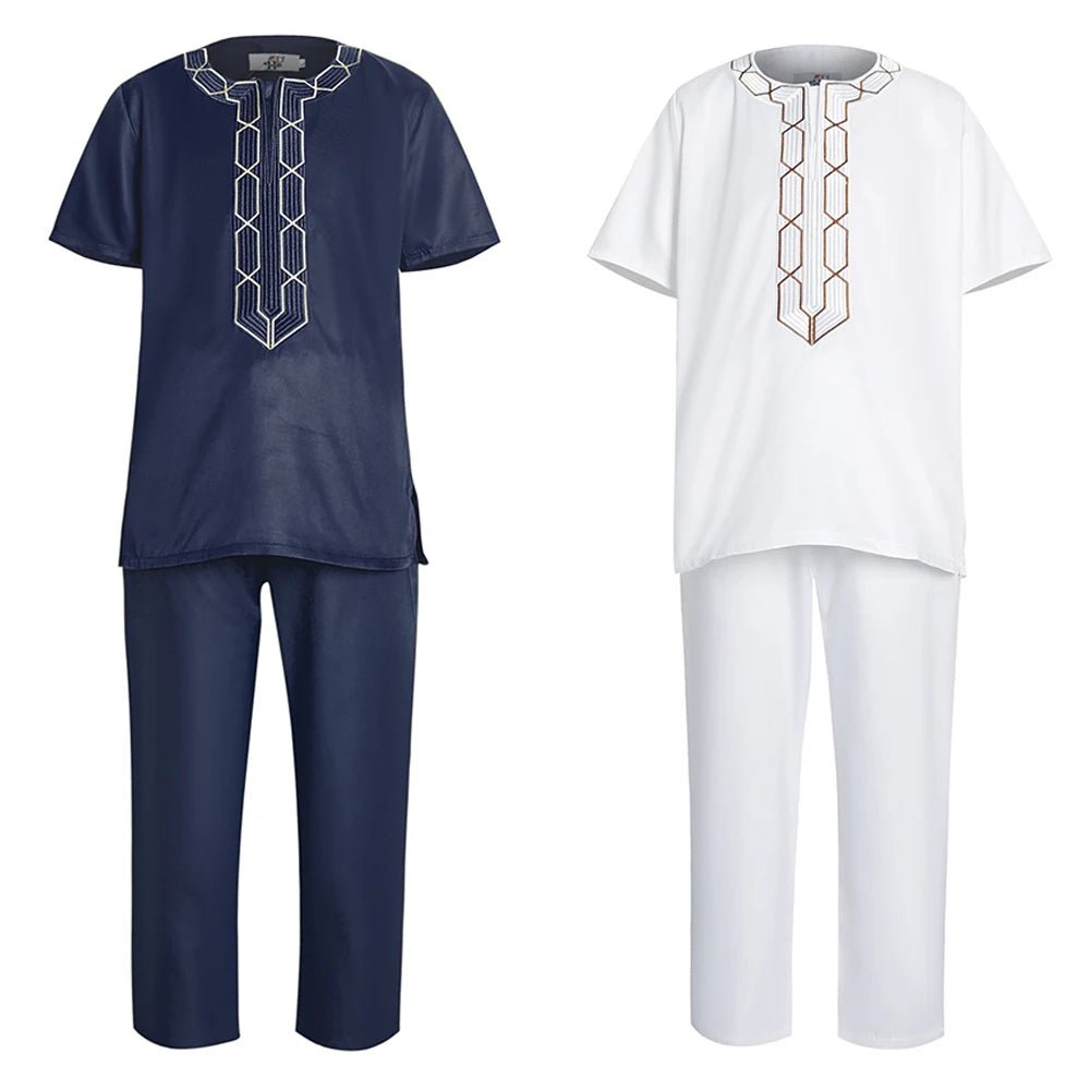 H&D Shirt Pants 2 Pieces Set For Kids Boys 2022 African Outfit Children Dashiki Embroidery Short Sleeve Top Trouser Suit Robe - Free Delivery Worldwide only at Flexi Africa