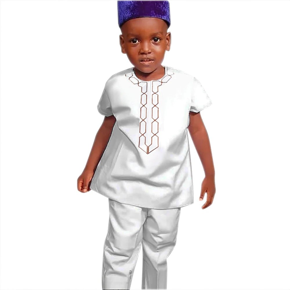 H&D Shirt Pants 2 Pieces Set For Kids Boys 2022 African Outfit Children Dashiki Embroidery Short Sleeve Top Trouser Suit Robe - Free Delivery Worldwide only at Flexi Africa