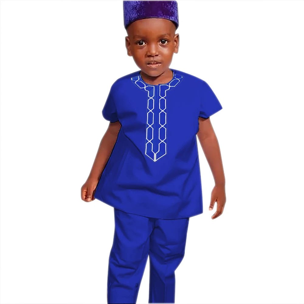 H&D Shirt Pants 2 Pieces Set For Kids Boys 2022 African Outfit Children Dashiki Embroidery Short Sleeve Top Trouser Suit Robe - Free Delivery Worldwide only at Flexi Africa