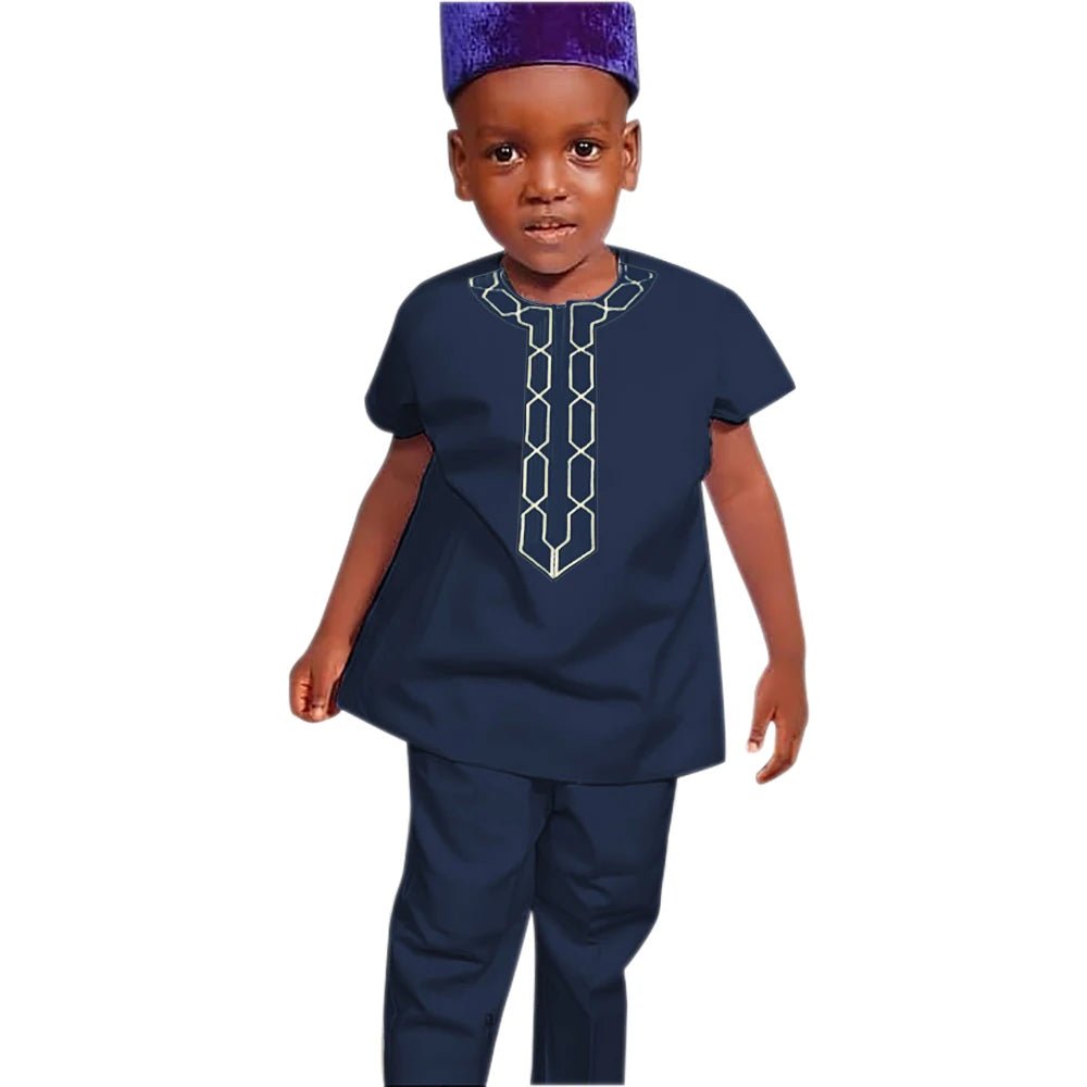 H&D Shirt Pants 2 Pieces Set For Kids Boys 2022 African Outfit Children Dashiki Embroidery Short Sleeve Top Trouser Suit Robe - Free Delivery Worldwide only at Flexi Africa