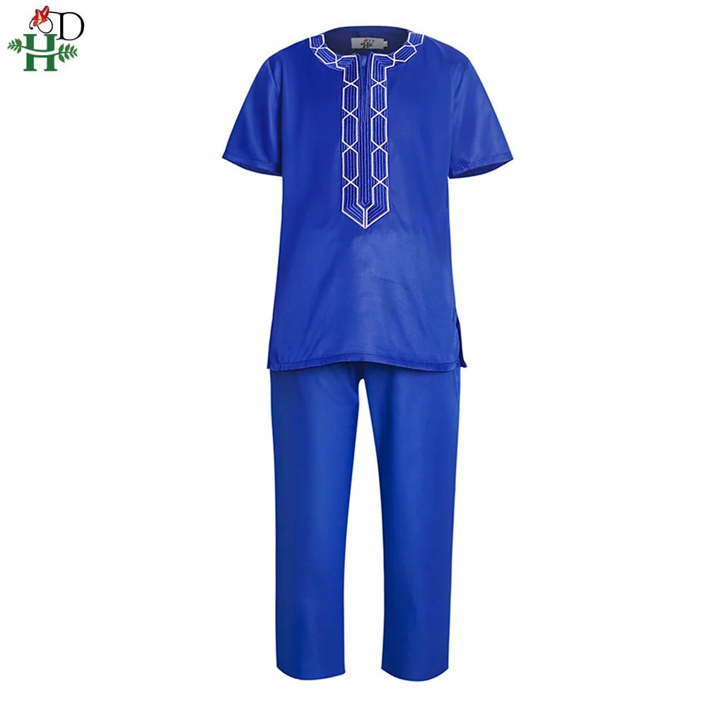 H&D Shirt Pants 2 Pieces Set For Kids Boys 2022 African Outfit Children Dashiki Embroidery Short Sleeve Top Trouser Suit Robe - Free Delivery Worldwide only at Flexi Africa