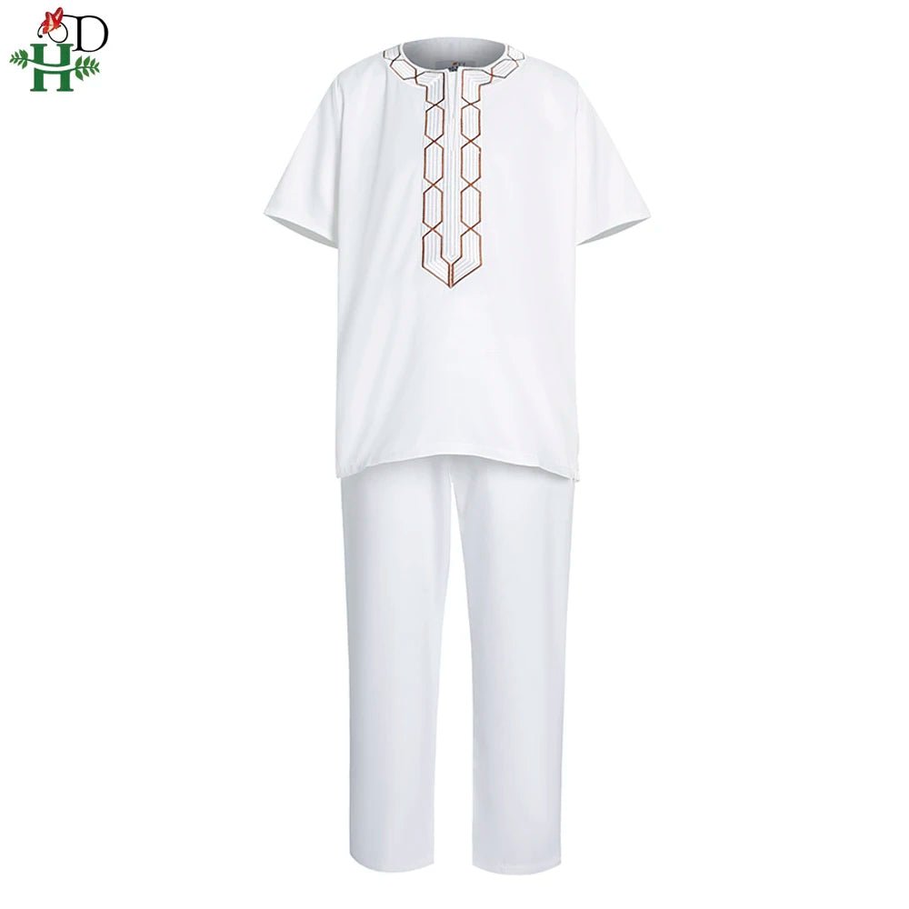H&D Shirt Pants 2 Pieces Set For Kids Boys 2022 African Outfit Children Dashiki Embroidery Short Sleeve Top Trouser Suit Robe - Free Delivery Worldwide only at Flexi Africa