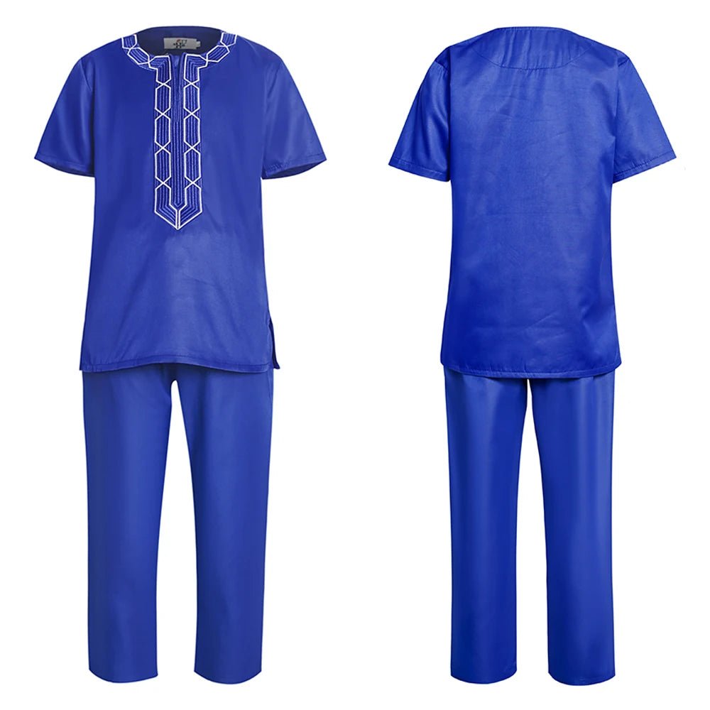 H&D Shirt Pants 2 Pieces Set For Kids Boys 2022 African Outfit Children Dashiki Embroidery Short Sleeve Top Trouser Suit Robe - Free Delivery Worldwide only at Flexi Africa