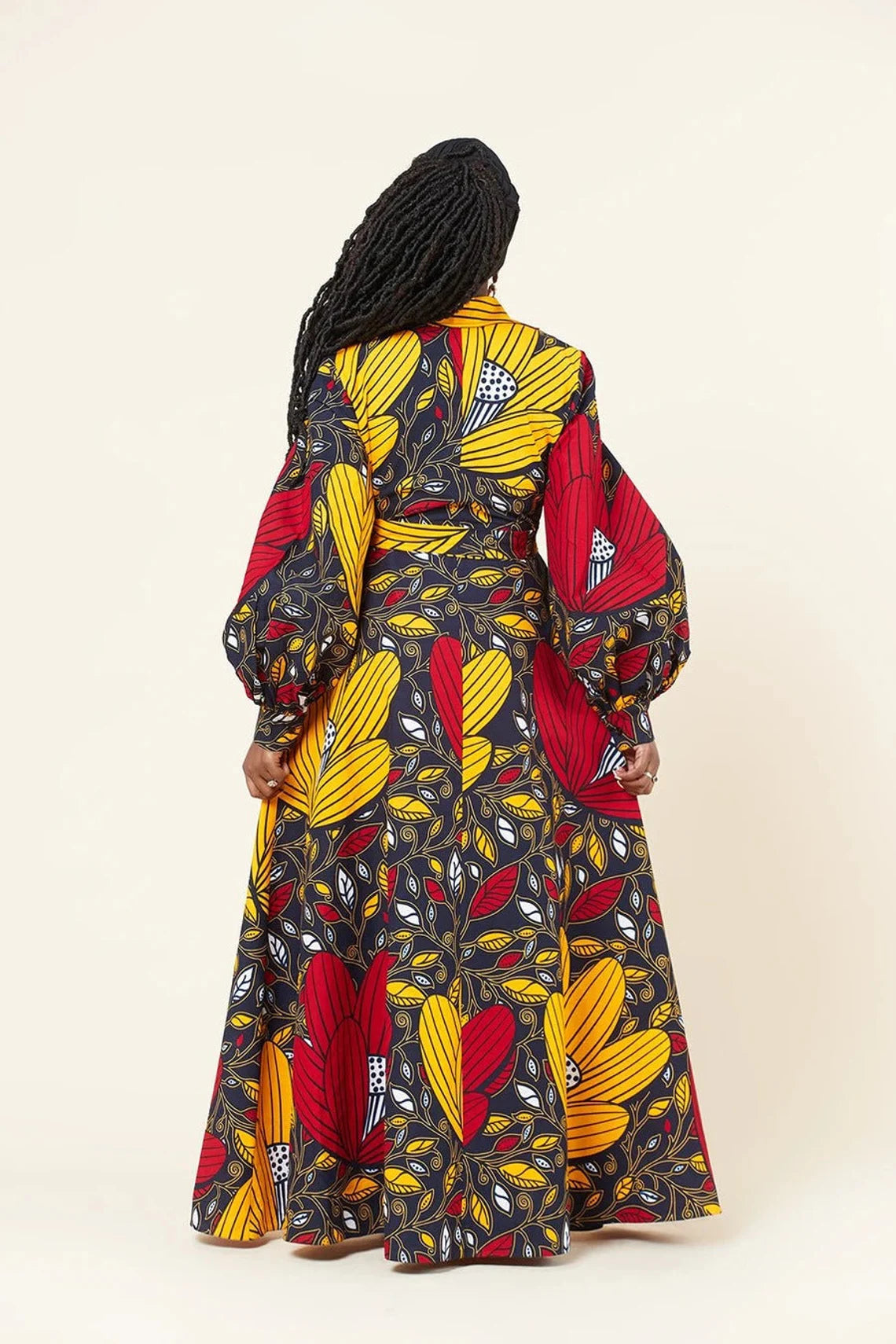 Red Yellow Plus Size African Ankara Print Long Shirt Dress with Free Headwrap and Nose Mask - Flexi Africa - Flexi Africa offers Free Delivery Worldwide - Vibrant African traditional clothing showcasing bold prints and intricate designs
