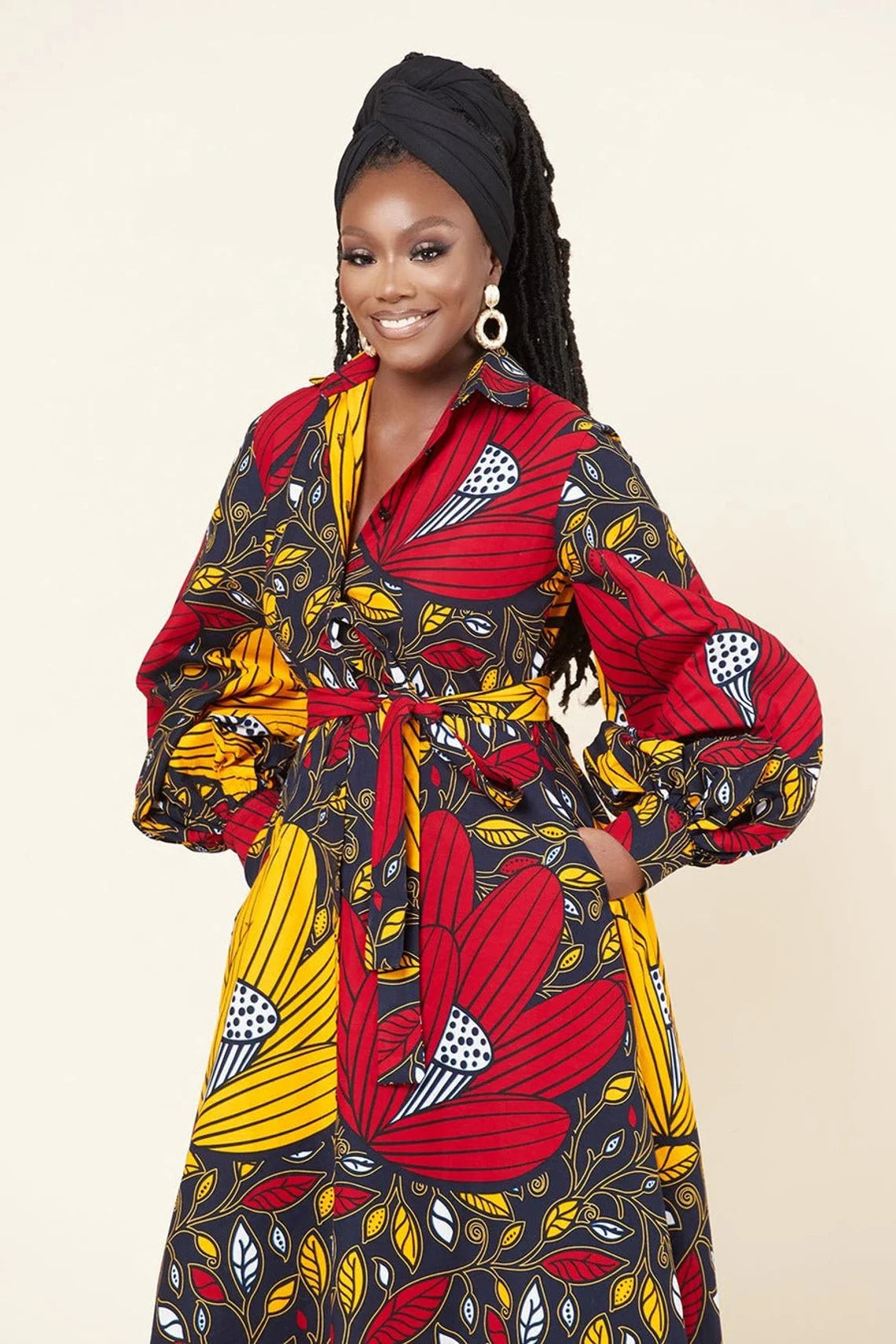 Red Yellow Plus Size African Ankara Print Long Shirt Dress with Free Headwrap and Nose Mask - Flexi Africa - Flexi Africa offers Free Delivery Worldwide - Vibrant African traditional clothing showcasing bold prints and intricate designs