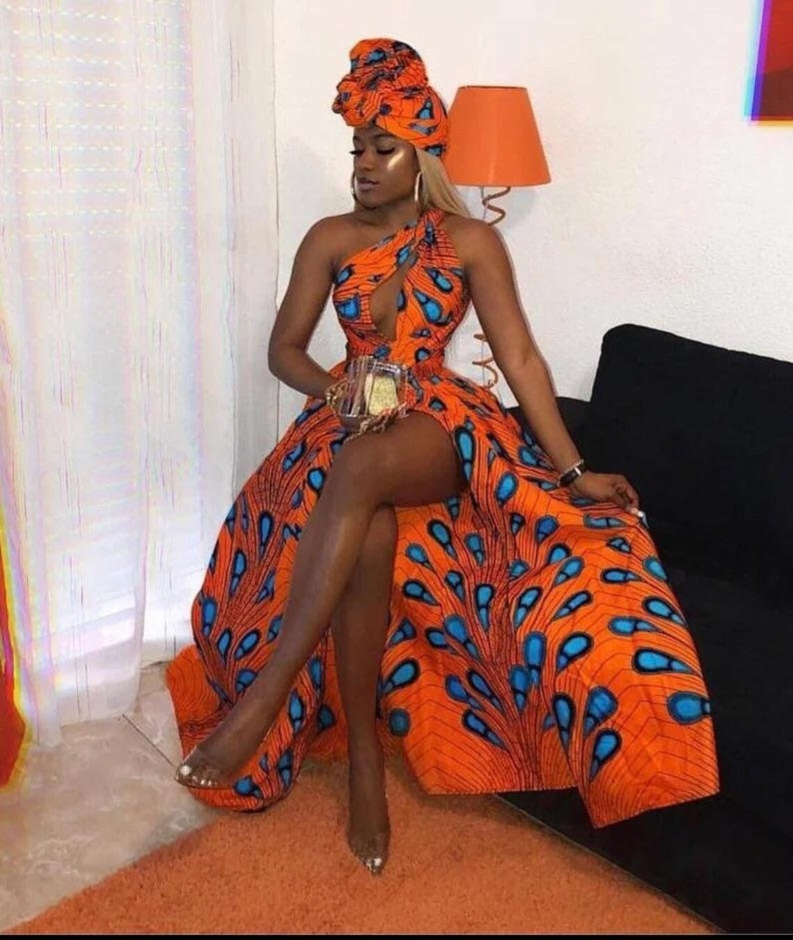 Vibrant Orange and Blue African Ankara Print Plus Size Maxi Dress: Complete Party Ensemble with Free Headwrap and Nose Mask - Flexi Africa - Flexi Africa offers Free Delivery Worldwide - Vibrant African traditional clothing showcasing bold prints and intricate designs