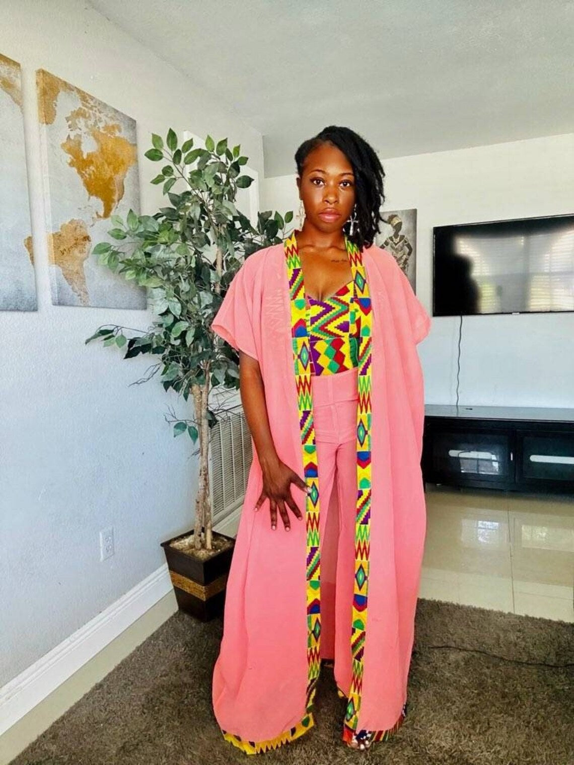 2PC Chiffon Kimono Short Sleeve Jumpsuit Pant Set - Made In Ghana - Flexi Africa - Flexi Africa offers Free Delivery Worldwide - Vibrant African traditional clothing showcasing bold prints and intricate designs