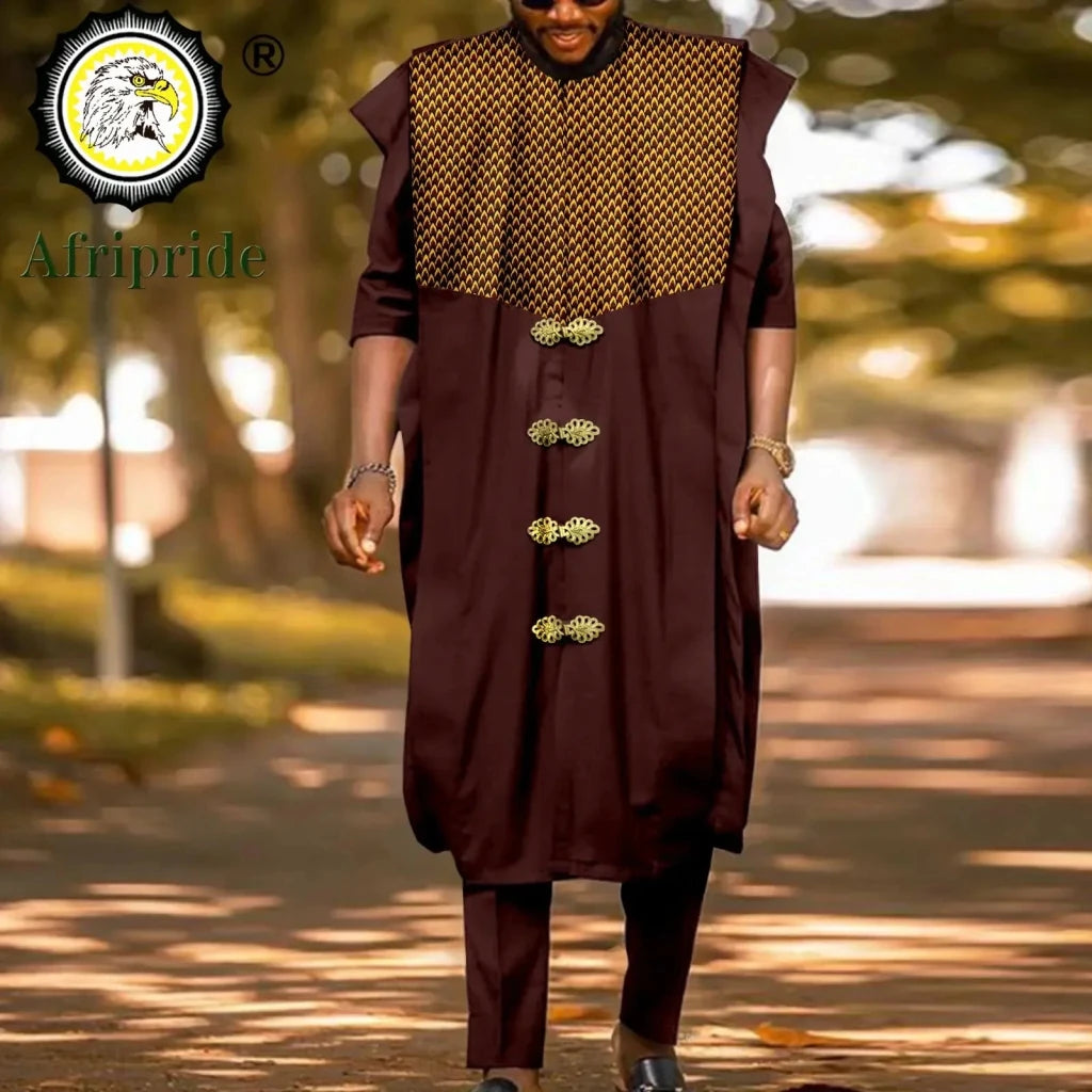 Luxury African Agbada 3PC Set for Men – Dashiki Print Shirt, Pants & Robe - Free Delivery Worldwide only at Flexi Africa